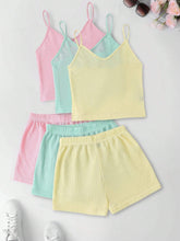 Solid Color Casual Cami Top And Elastic Waistband Shorts Set